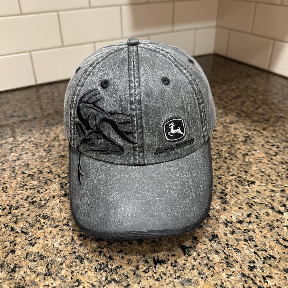 John Deere Baseball Cap Men's One Size Adjustable Distressed Gray Deer Antler